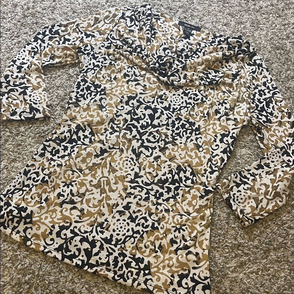 White gold black sleeve blouse cowl neck sequins